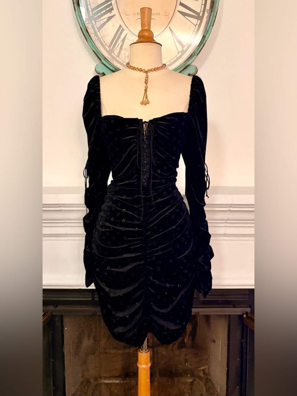 For Love & Lemons Black Ruched Velvet Long-Sleeve Mini Dress